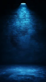 Moody blue spotlight gently brightens a quiet brick wall