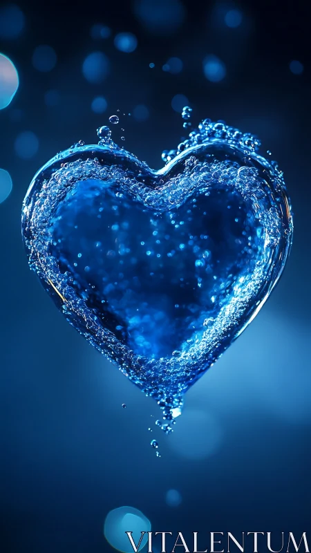 Crystalline water heart suspended against deep blue.