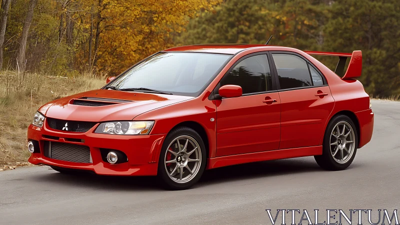 Bright red rally legend parked on a quiet forest road.