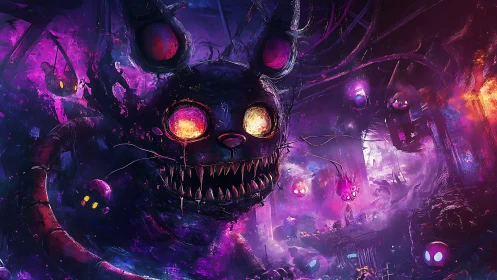 Neon demon rabbit stalks cosmic industrial nightmare