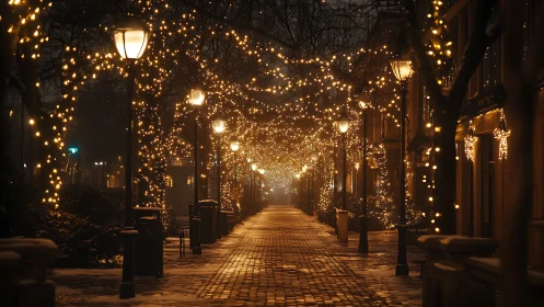 Symmetric winter promenade with axial festive luminance grid.