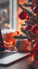 Holiday workspace with laptop, ceramic mug and red baubles.