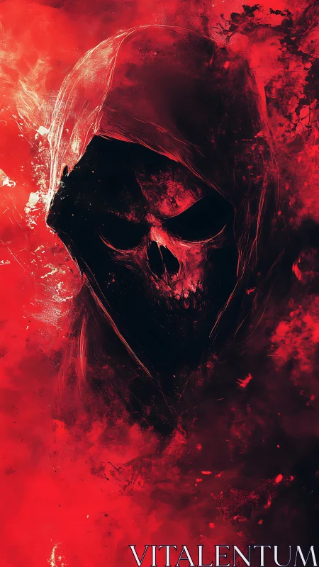 Spectral hooded skull emerging from turbulent crimson vortex.