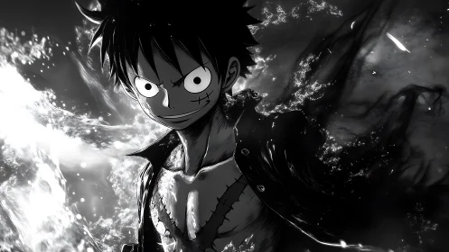 Monochrome anime pirate amid crashing ocean energy.