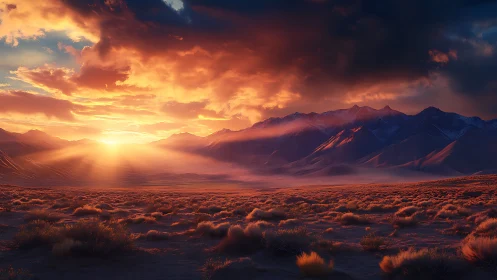 Fiery desert sunrise over distant snowcapped mountains.