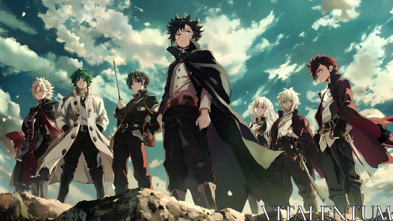 Stormlit fantasy squad poised atop windswept rocky ridge.