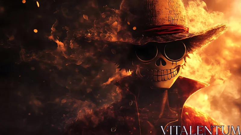 Flaming outlaw skeleton in ember-soaked pirate hat blaze.