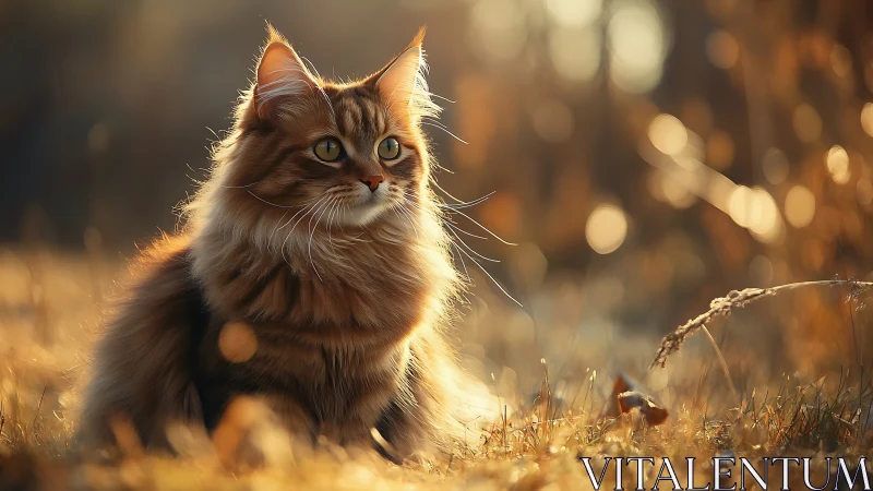 Fluffy Long-Haired Cat Bathed in Golden Afternoon Light