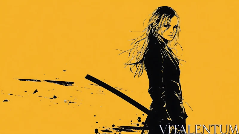 Defiant swordswoman stands bold against a vivid yellow world