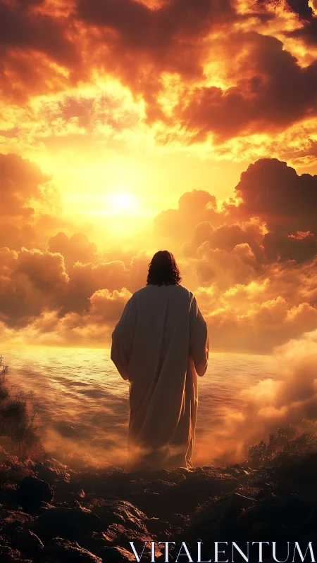 Radiant robed figure overlooks blazing celestial horizon.