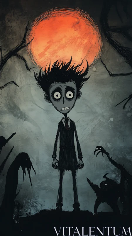 Gaunt cartoon figure under blood-red moon in eerie wasteland