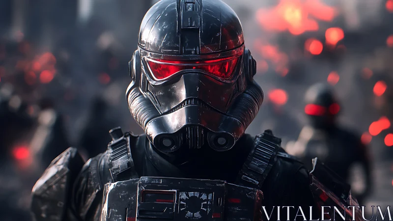Stoic sci fi soldier glowing with intense red visor.