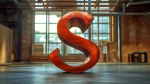 Large metallic S sculpture stands in industrial loft space