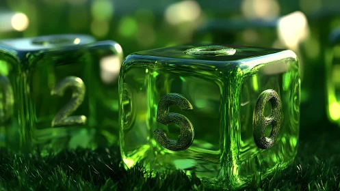 Refractive emerald dice with macro depth-of-field rendering.