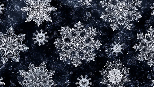 Intricate crystal snowflakes shimmer against deep night sky.