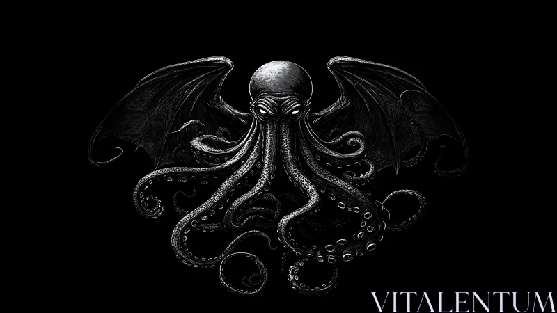 Monochrome cephalopod eldritch deity with batlike wings in void