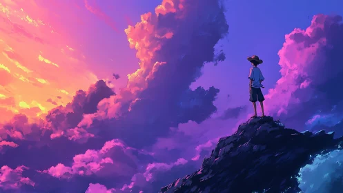 Boy on rocky peak under vivid purple and orange sky.