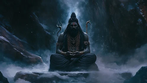 Mythic ascetic deity in icy cavern, cinematic blue grading.