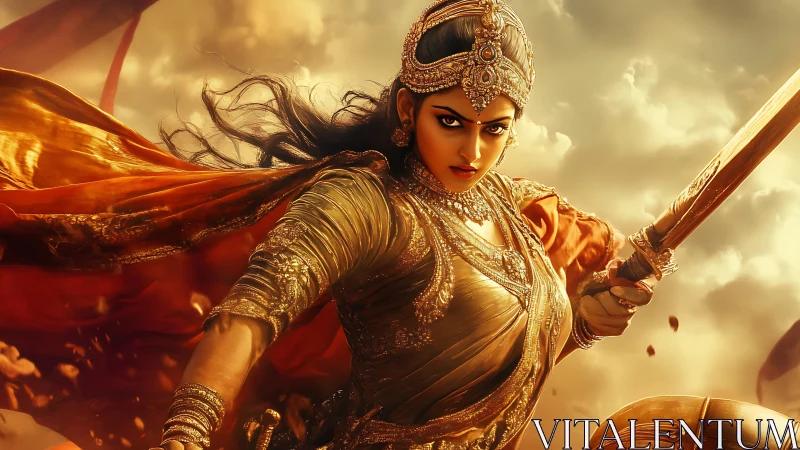 Warrior queen in ornate armor raising sword in battle scene.