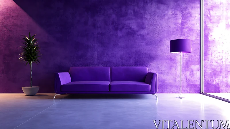 Minimal interior shows purple sofa, floor lamp and plant