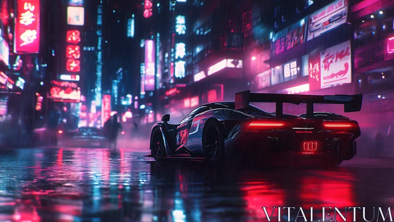 Sleek night racer gliding through neon soaked city streets.