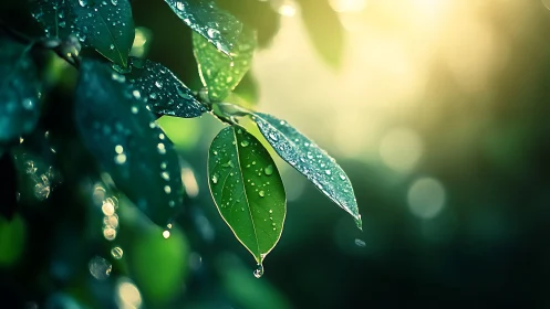 Dew-covered green leaves under soft sunrise bokeh light.