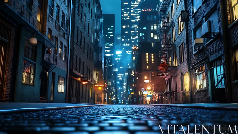 Neon-lit cobblestone alley glows beneath towering city lights.
