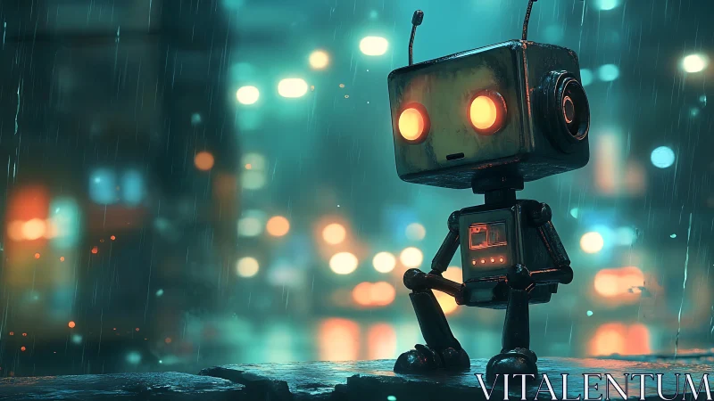 Lonely neon robot sits in rainlit cyberpunk city night.