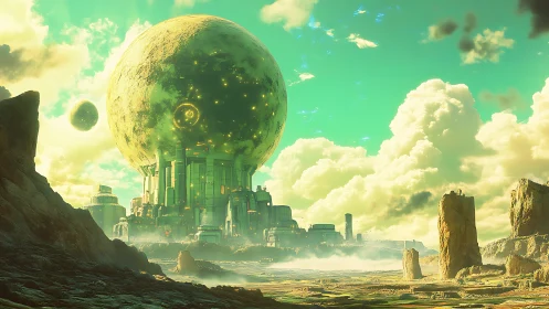 Spherical megastructure city on irradiated alien plateau at dawn