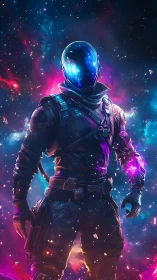 Cosmic astronaut in neon galaxy with glowing armor suit.