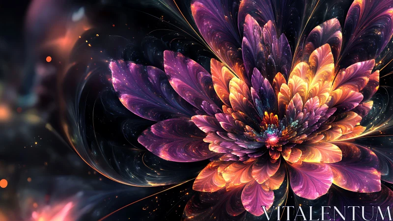 Fractal-rendered multicolored floral structure fills dark field