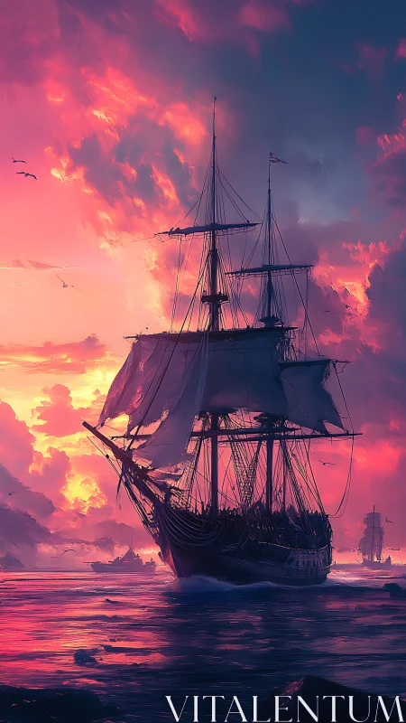 Sunset frigate sails through iridescent clouds and reflective sea