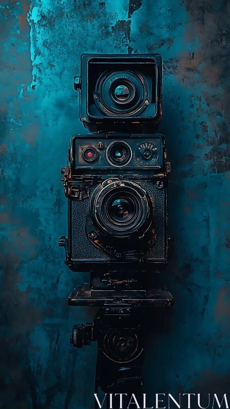 Vintage studio camera stands against moody teal metal wall
