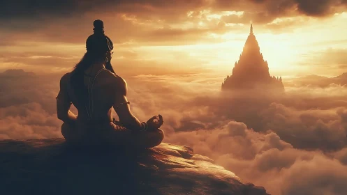 Sunlit sage meditates above clouds before distant temple.