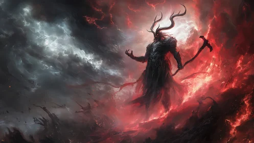 Storm‑crowned demon lord rising through swirling firestorm.