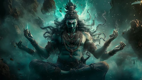 Blue-skinned deity sits cross-legged in turbulent teal energy