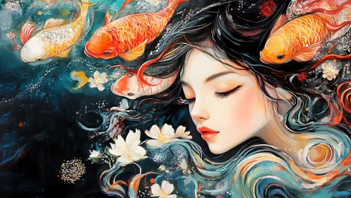 Serene female portrait with koi fish and flowing water.