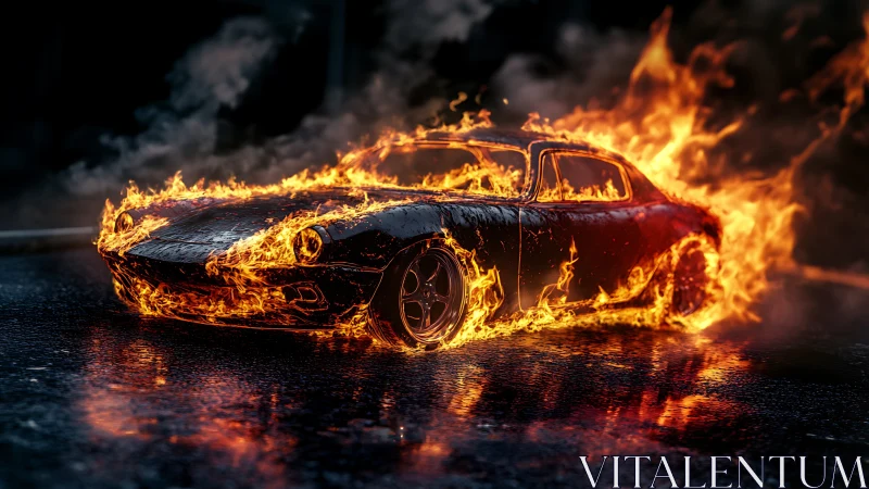 Burning Car Engulfed in Flames. Inferno.