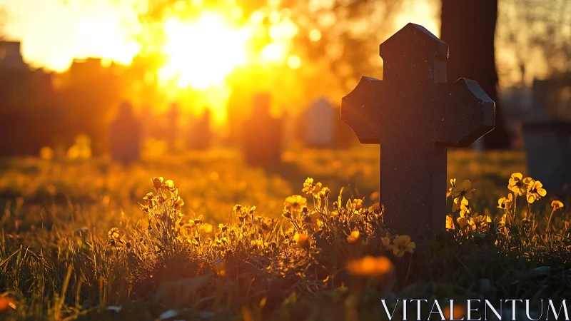 Gravestone silhouette in warm sunset over cemetery grounds.