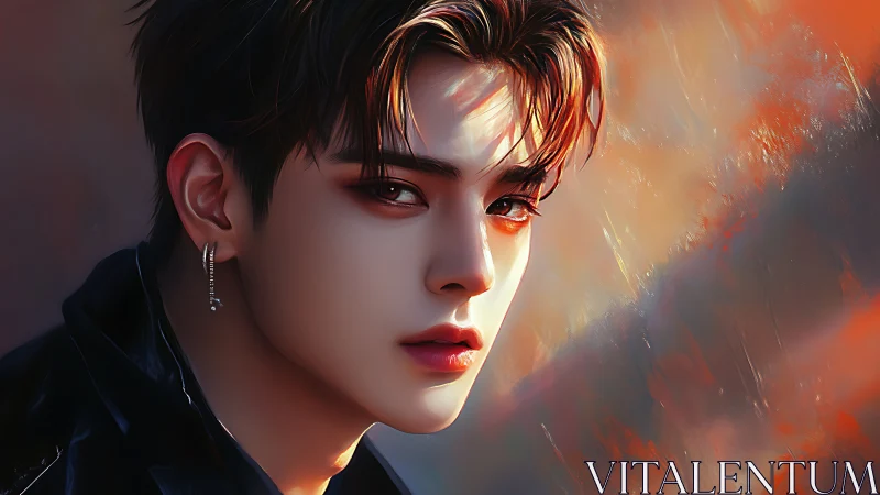 Digital portrait shows stylized male face in warm side light