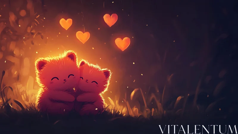 Glowing Red Cat Embracing Hearts in Golden Light.