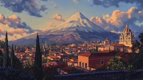 Sunlit mountain city glows beneath dramatic evening clouds