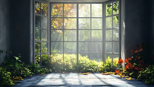 Sunlit bay window garden with creeping foliage and autumn light.