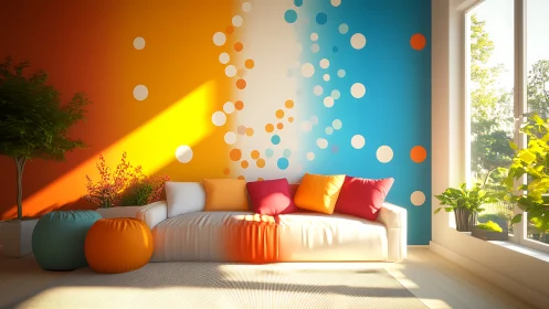 Vibrant modern living room with bokeh mural and daylight contrast