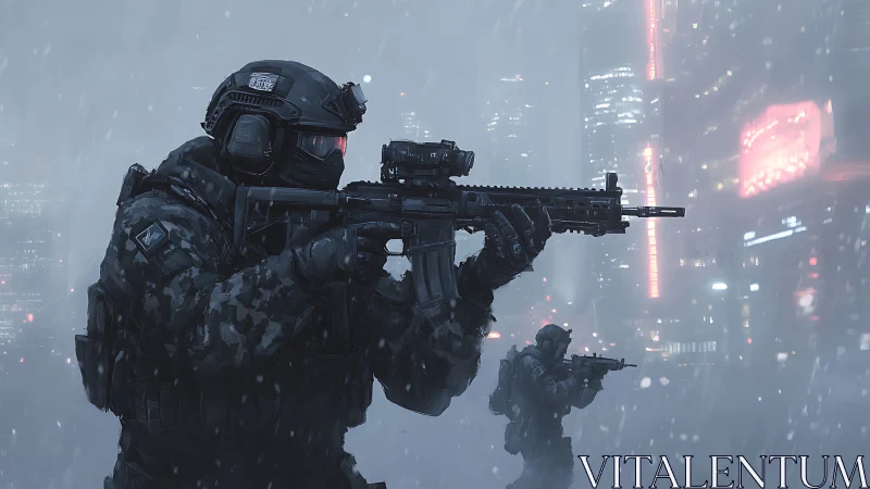 Cybernetic urban operators advancing through neon winter fog