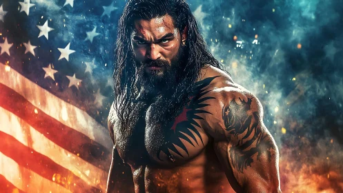 Fierce warrior stance against a smoky stars and stripes sky.