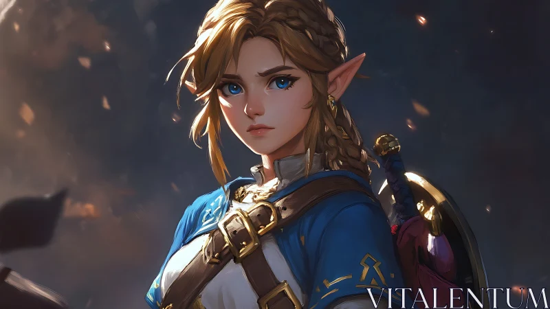 Determined elven warrior gazes ahead amid glowing embers