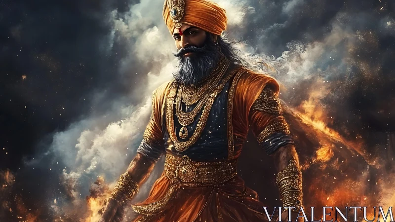 Warrior monarch in fiery storm with ornate golden armor.