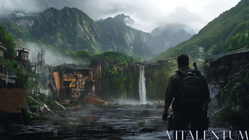 Lone traveler surveys ruined jungle city in heavy rain.