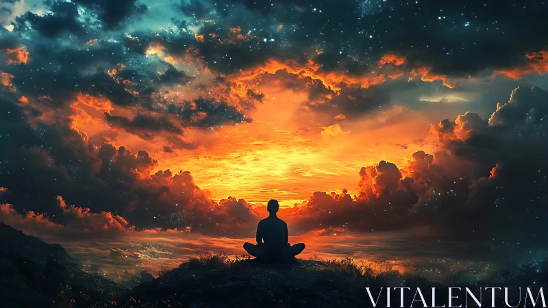 Silhouetted meditator observes volumetric nebula sunset gradient